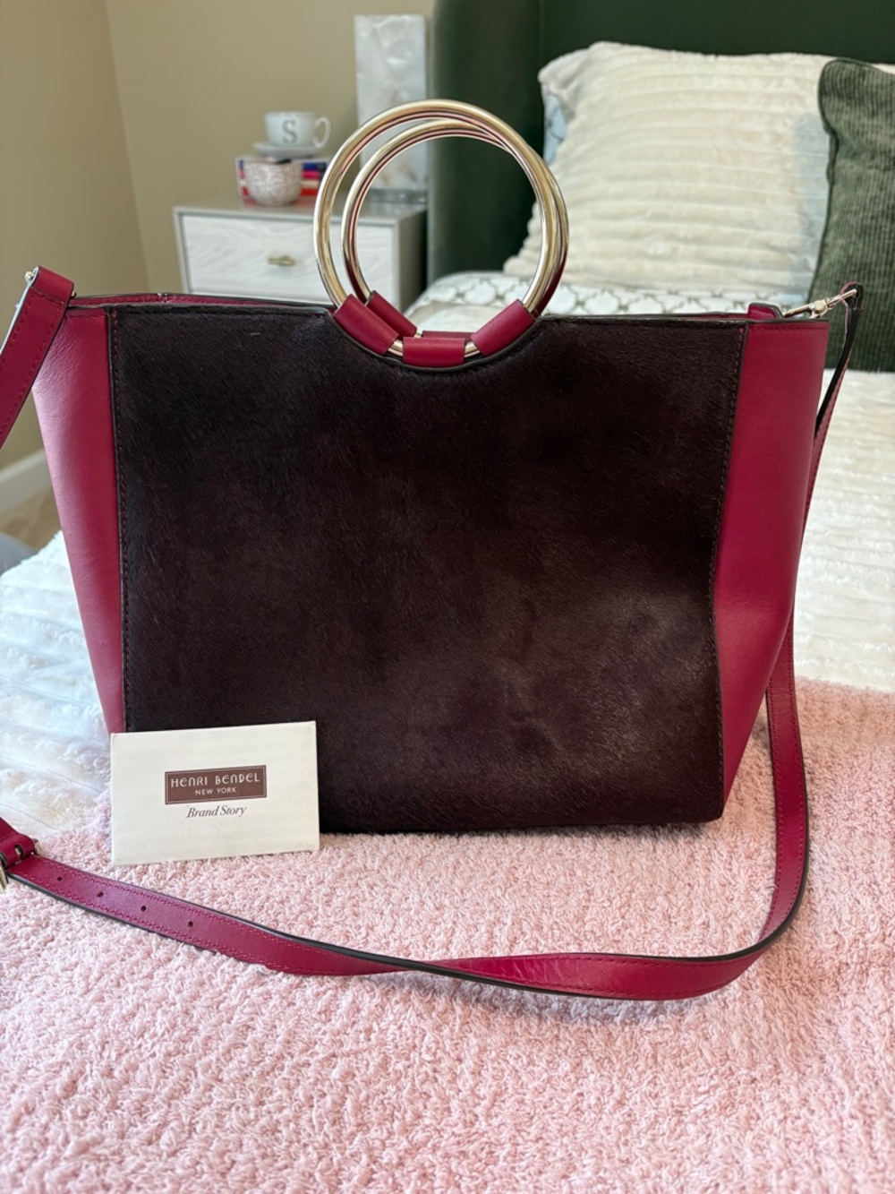 henri bendel Marquis Burgundy and Deep Pink Ring-Handle Shoulder Tote